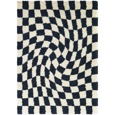 a black and white area rug with an optical pattern on the bottom, which is shaped like a spiral