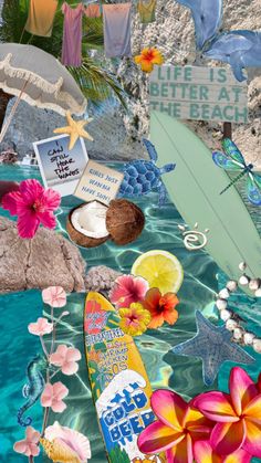 a collage of surfboards, flowers, and other items floating in the water