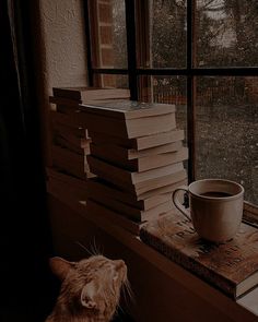 a cat sitting on a window sill next to a stack of books and a coffee cup