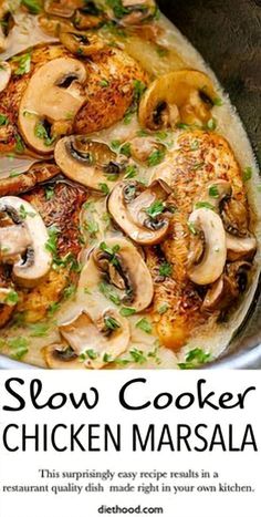 the recipe for slow cooker chicken marsala is shown in front of an advertisement