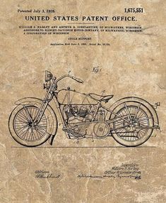 an old drawing of a motorcycle on paper with the words united states patent office written below it