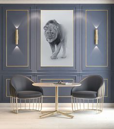 two chairs sitting in front of a table with a lion painting on the wall behind it