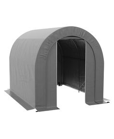 an inflatable shelter with the door open to show it's side view