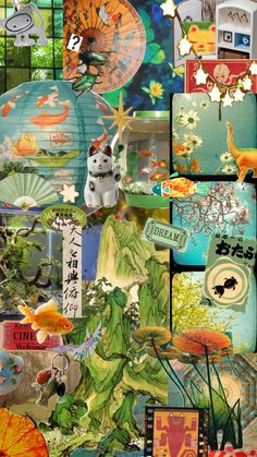 many different pictures are arranged together in this collage with fish, flowers and other things