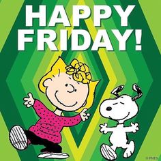 a charlie brown happy friday card with a cartoon character and a dog