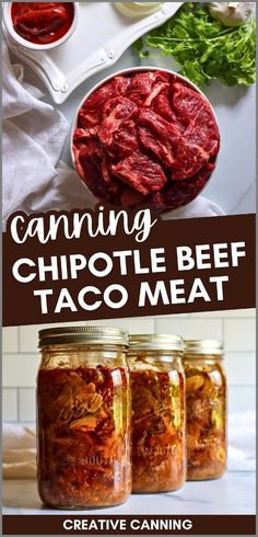 canning chipotle beef taco meat in mason jars with text overlay that reads canning chipotle beef taco meat