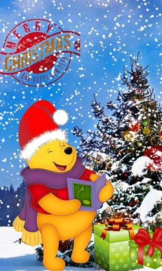 a winnie the pooh christmas card with presents in front of a snow covered tree