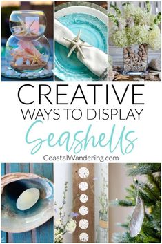 the words creative ways to display seashells are shown in this collage with images