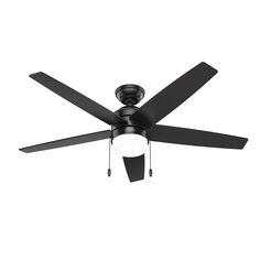 a black ceiling fan with light on it