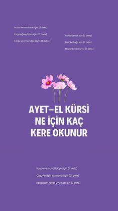 an advertisement with flowers on the front and side of it, in white text that reads avet - el kursi ne icn kac kere okunur