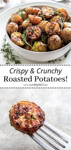 2 stacked images: roasted potatoes in bowl (top image) and one potato on fork (bottom image) Baby Potatoes Roasted, Baked Potatoes Recipes, How To Roast Potatoes, Thyme Potatoes, Oven Baked Potatoes, Potatoes Oven, Potatoes Thanksgiving, Oven Potatoes, Easy Thanksgiving Sides