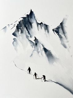 three people climbing up the side of a snow covered mountain with skis on their feet