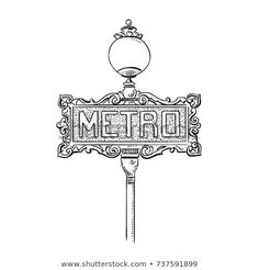 an old fashioned metro sign with the word metro on it's side, vintage line drawing