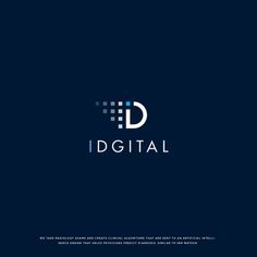 the logo for digital is shown on a dark blue background with white letters and squares