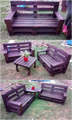 wooden benches made out of pallet wood are sitting in the grass with a potted plant on top