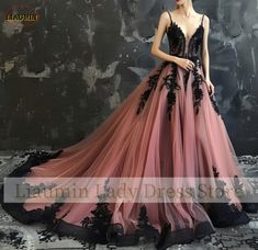 Black And Pink Wedding Dresses, Pink And Black Dress Ball Gowns, Black And Pink Dress Formal, Black And Pink Wedding Dress, Black Pink Gown, Pink And Black Wedding Dress, Pink And Black Prom Dress, Baddie Wedding, Fairycore Wedding