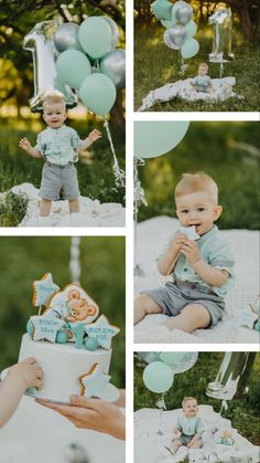 a collage of photos shows a baby holding a cake with balloons in the background