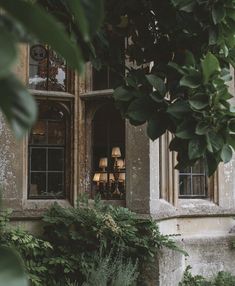 an old building with plants and lamps in the window