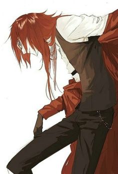 an anime character with red hair and black pants, holding his arm over his shoulder