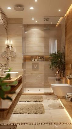 a bathroom with two sinks and a bathtub