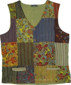 a multicolored patchwork vest with flowers and stripes on the chest, in various colors