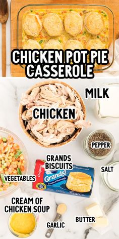 the ingredients for chicken pot pie casserole are shown in this graphic above and below