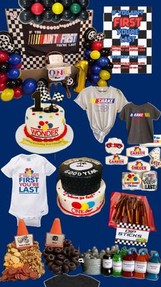 an assortment of birthday items including cake, balloons and t - shirts are displayed on a blue background