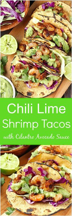 grilled shrimp tacos with cilantro and avocado sauce on the side