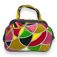 Absolutely Stunning Emilio Pucci Handbag From The 1960s. The Velvet Print Is In Amazing Condition For Its Age Retaining All The Vibrant Hues. Trimmed In Leather And Fully Lined In Yellow. Approximately 8”H X 10”L X 3”W. Historic Patterns, Velvet Handbag, Pucci Vintage, Yellow Purses, Mod 60s, Stained Glass Pattern, Patent Leather Handbags, Glass Work, Glass Print