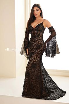 EW36030 Black/Nude 10 Spring 2025 Ellie Wilde Prom Dresses, Lace Prom Gown, Long Mermaid Dress, Reception Gown, Long Bell Sleeves, Ellie Wilde, Prom Dress Stores, Spring 2025, Back Wedding Dress