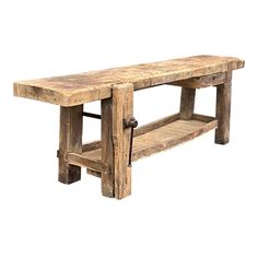 an old wooden bench with wheels on the bottom and back rests against a white background