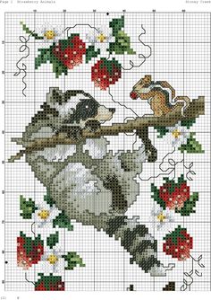 a cross stitch pattern with an animal on a tree branch and flowers in the background