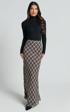 Mandy Maxi Skirt - High Waist Slip Skirt in Multi Check Chic Long Plaid Skirt, Fitted Multicolor Maxi Skirt For Fall, Spring Plaid Pencil Skirt, Plaid Midi Skirt With Lined Detail, Plaid Midi Skirt With Lining, Chic Plaid Midi Skirt, Chic Relaxed Plaid Skirt, Chic Plaid Skirt, Chic Plaid Relaxed Skirt