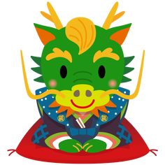 a green and yellow dragon sitting on top of a red rug with an orange nose