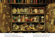 a book shelf filled with lots of books and knick knacks on top of it