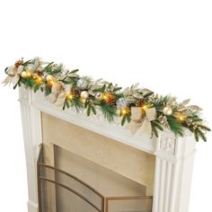 a fireplace decorated with christmas decorations and lights