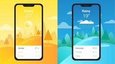 two smartphones with the same weather screen on them, one showing sunny and the other displaying