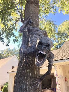 a tree that has been decorated to look like a scary creature