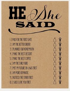 a poster with the words he and she said written in cursive font on brown paper