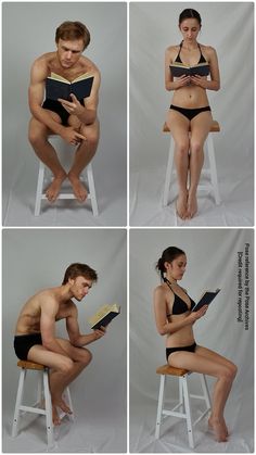 four different pictures of a man and woman in bathing suits reading books while sitting on stools