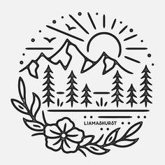 a black and white drawing of mountains, trees, and flowers with the words llamashurstt