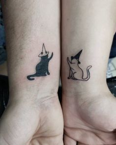 Cute Pair Tattoos, Matching Black Cat Tattoos, Meowdy Cat Tattoo, Cat Best Friend Tattoo, Couples Cat Tattoos, Cat Friendship Tattoo, Best Friend Tattoos Cat, Matching Tattoos Ideas For Best Friends, Matching Kitty Tattoos