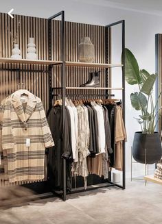 a clothing rack with clothes hanging on it and a potted plant in the corner