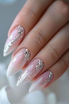 Fancy French Nails Wedding, Wedding Nails For Maid Of Honor, Almond Shape Bridal Nails, Whimsical Wedding Nails, Fantasy Wedding Nails, Almond Shape Wedding Nails, Unique Wedding Nails For Bride, Mother Of The Bride Nails Ideas, Bride Nails Wedding Elegant