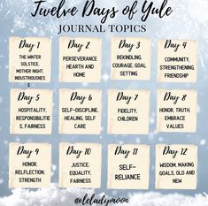 twelve days of yule journal topics in the snow with text overlaying them