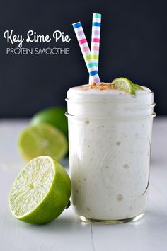 key lime pie protein smoothie in a mason jar