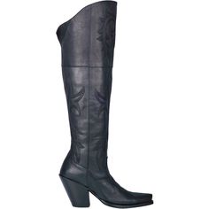 The Jilted boot is a show stopper with an over-the-knee, 20 height. Handcrafted with soft, distressed leather and western stitching throughout. It's dressed up with a high fashion heel, snip toe and leather outsole. An inside zipper makes it easy to step in and go. $264.95 Height Insoles, Western Dress With Boots, Dan Post Boots, Womens Cowgirl Boots, Dan Post, Knee High Heels, Tall Fashion, Black Boots Tall, Black Boots Women