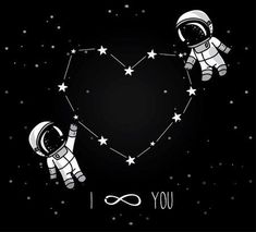 two astronauts are holding hands in the shape of a heart with stars on black background