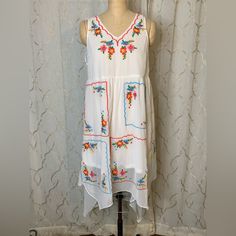 Nwt Savanna Jane Beautiful White Embroidered Hanky Dress Sz Sm Sheer White Lined Multicolor Embroidery Handkerchief Hem Approx Measurements Length- 43.5in P2p- 18in (36in Total) New With Tags Smoke Free Hanky Dress, Embroidered Hankies, Handkerchief Hem, Jane Dress, Red Fashion, High Low Dress, Red And White, Womens Dresses, White