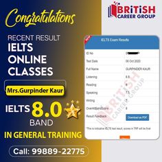 congratulationss for ielts online classes in general training by british career group, delhi